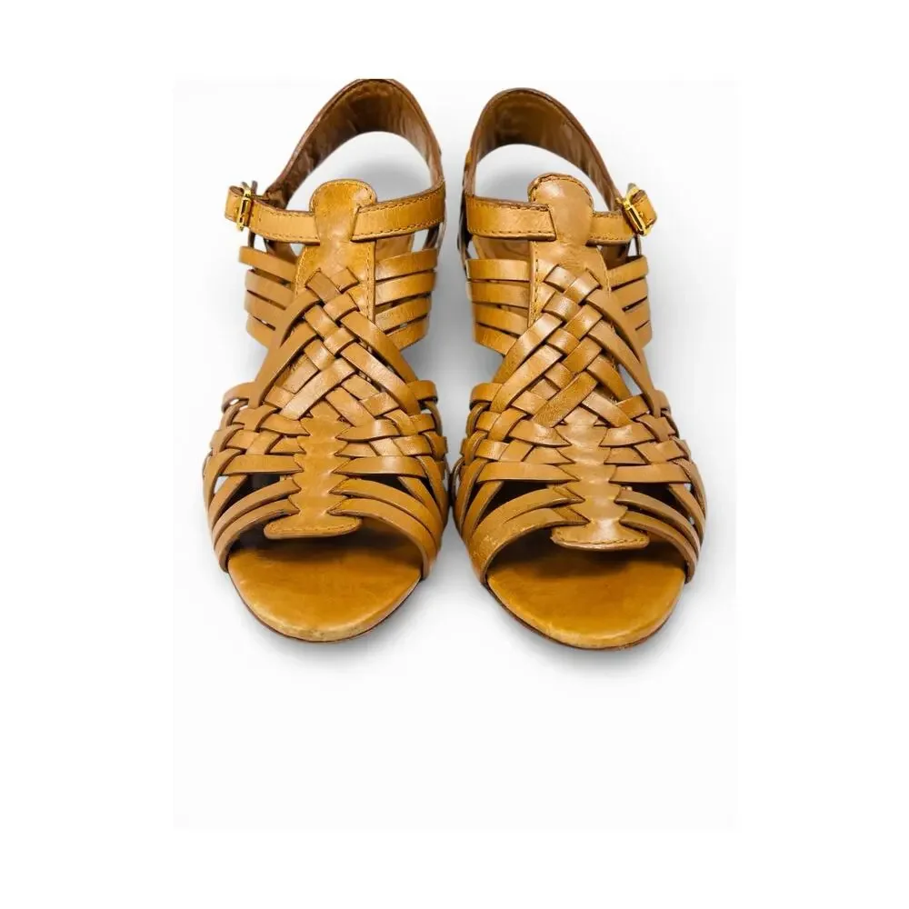 Tory Burch Nadia Woven Leather Huarache Heels Cognac Sandals 9.5
